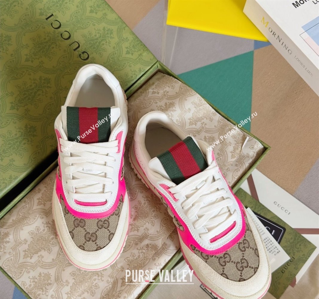 Gucci Re-Web Sneakers in Leather and GG Canvas White/Fluorescent Pink 2024 0605 (SS-240605148)