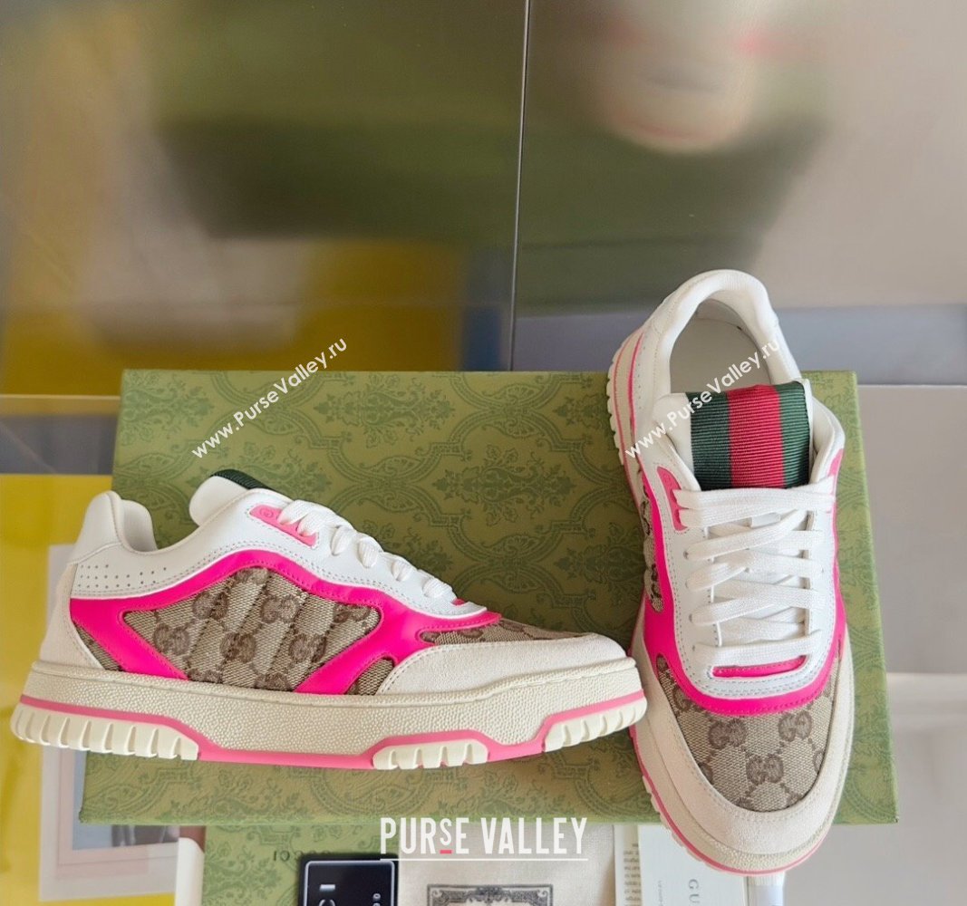 Gucci Re-Web Sneakers in Leather and GG Canvas White/Fluorescent Pink 2024 0605 (SS-240605148)