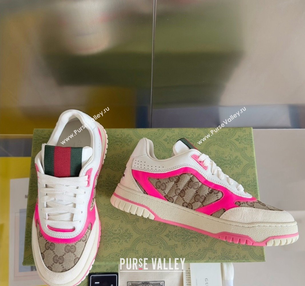 Gucci Re-Web Sneakers in Leather and GG Canvas White/Fluorescent Pink 2024 0605 (SS-240605148)