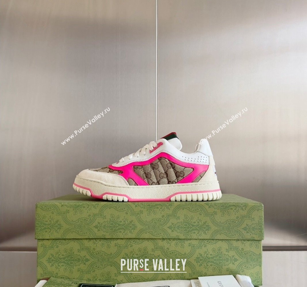 Gucci Re-Web Sneakers in Leather and GG Canvas White/Fluorescent Pink 2024 0605 (SS-240605148)