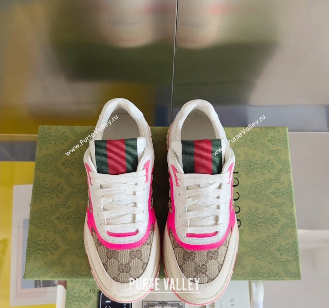 Gucci Re-Web Sneakers in Leather and GG Canvas White/Fluorescent Pink 2024 0605 (SS-240605148)