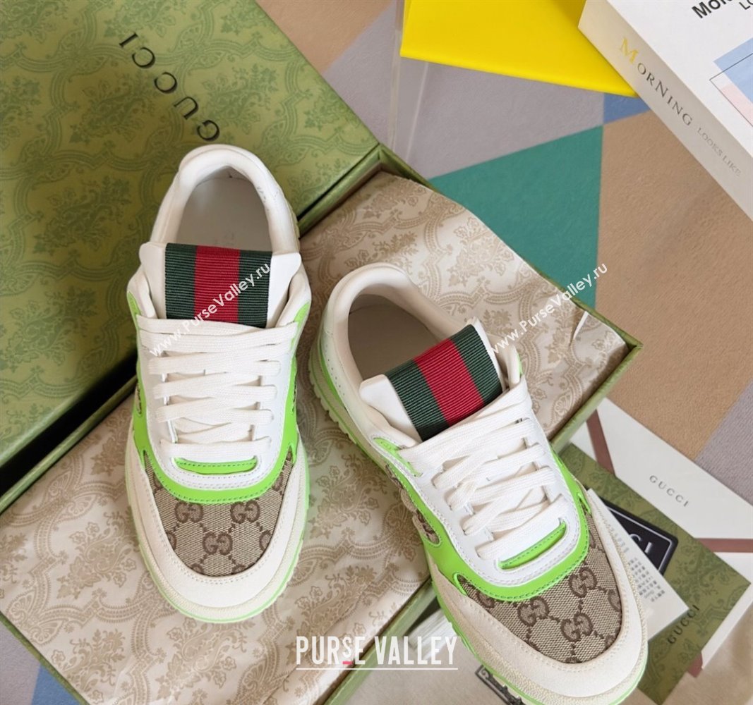 Gucci Re-Web Sneakers in Leather and GG Canvas White/Fluorescent Green 2024 0605 (SS-240605149)