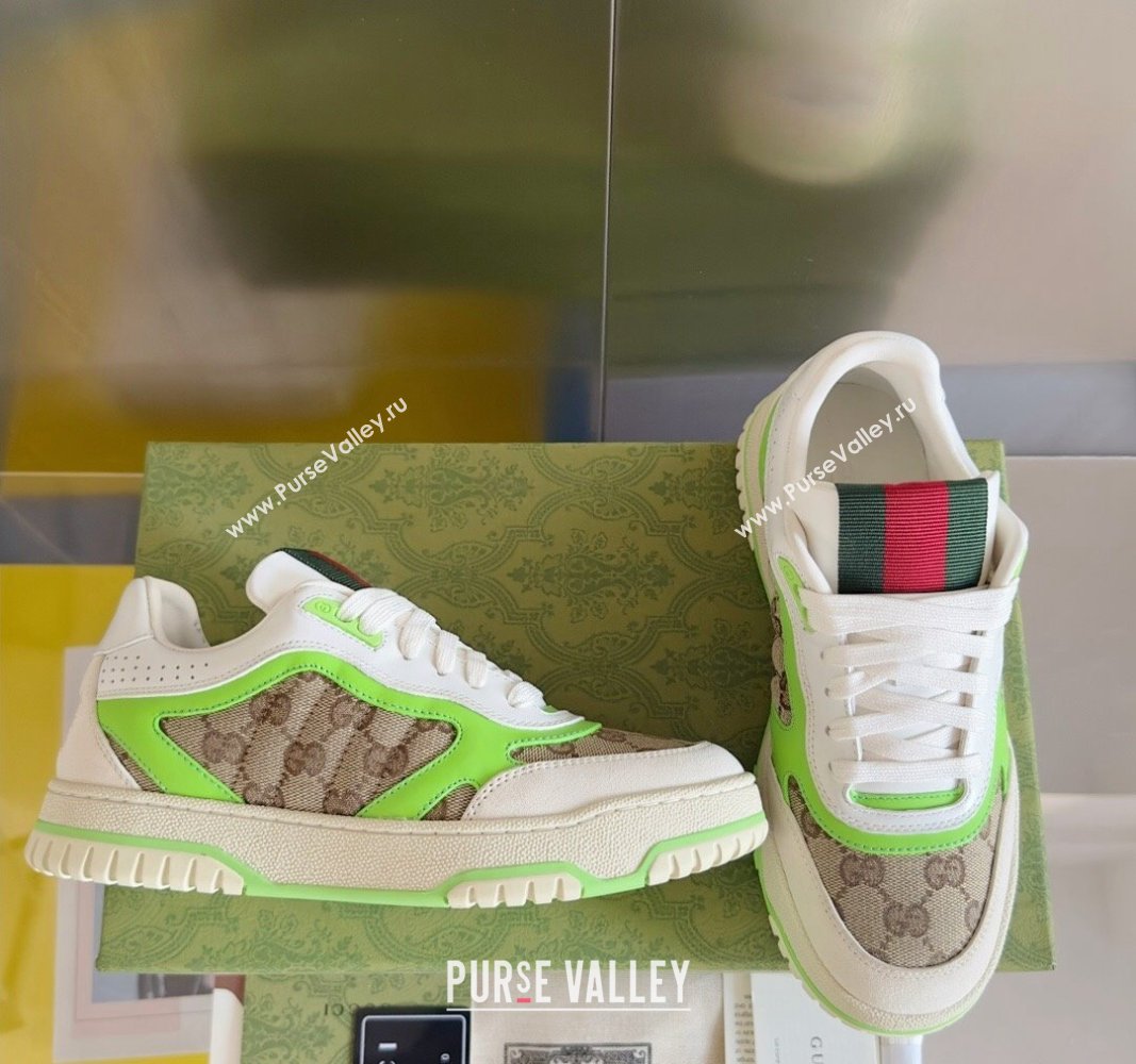 Gucci Re-Web Sneakers in Leather and GG Canvas White/Fluorescent Green 2024 0605 (SS-240605149)