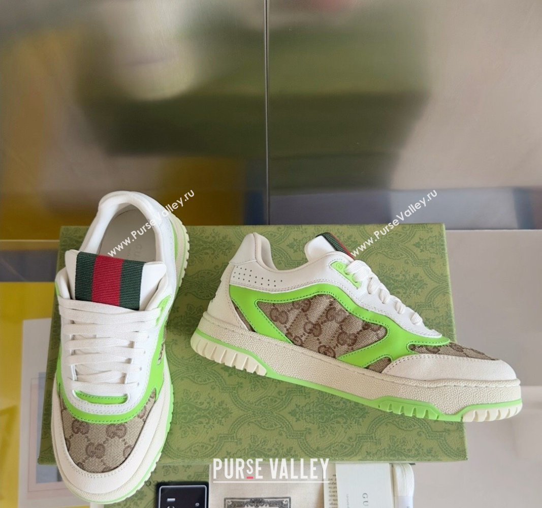 Gucci Re-Web Sneakers in Leather and GG Canvas White/Fluorescent Green 2024 0605 (SS-240605149)