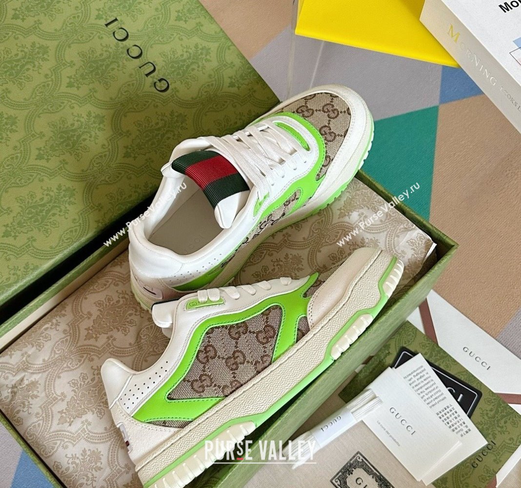 Gucci Re-Web Sneakers in Leather and GG Canvas White/Fluorescent Green 2024 0605 (SS-240605149)