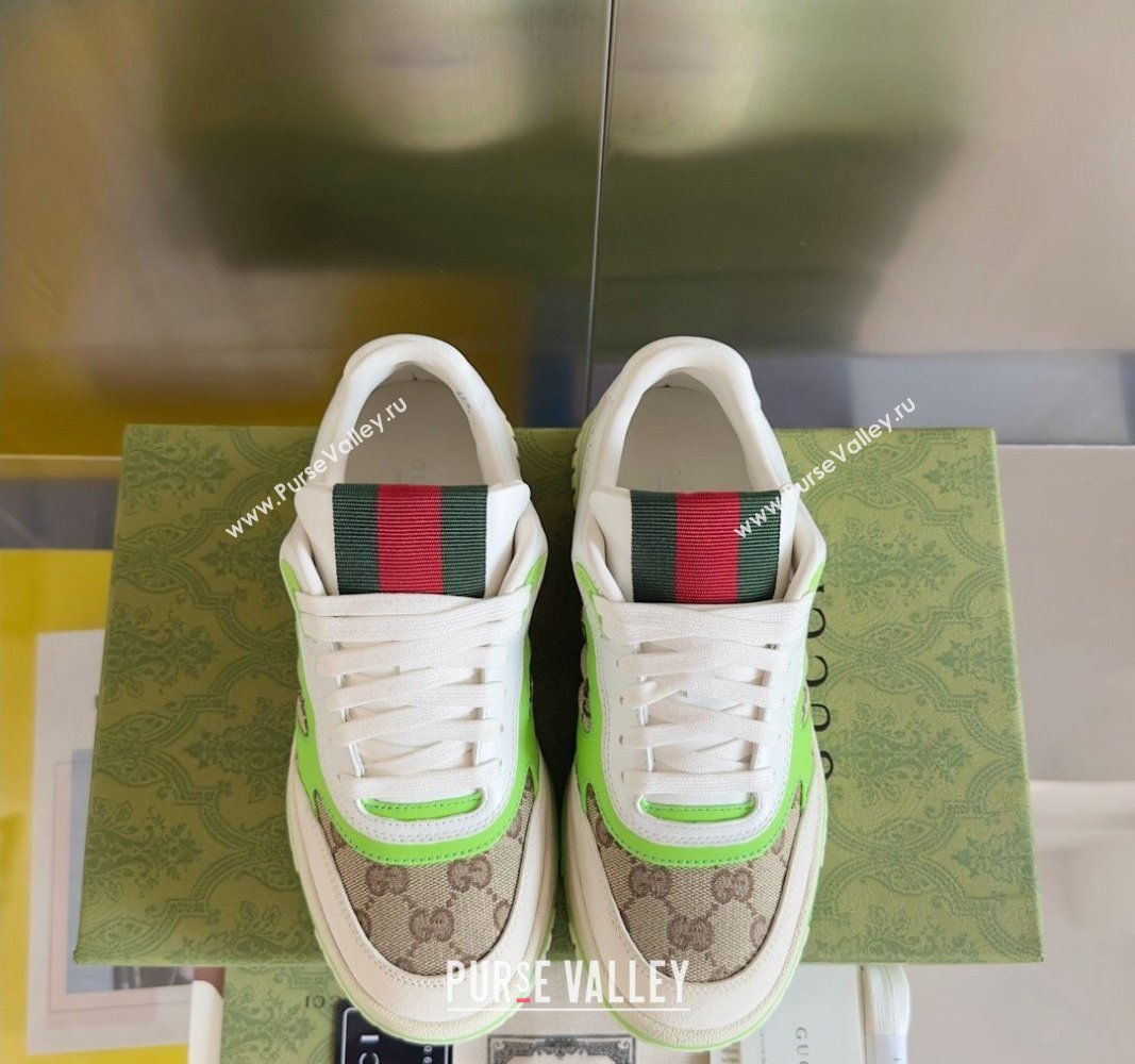 Gucci Re-Web Sneakers in Leather and GG Canvas White/Fluorescent Green 2024 0605 (SS-240605149)