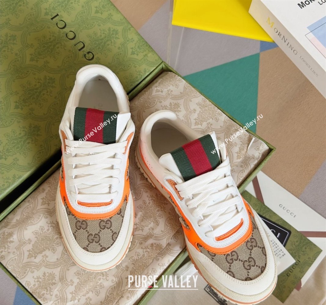 Gucci Re-Web Sneakers in Leather and GG Canvas White/Fluorescent Orange 2024 0605 (SS-240605150)