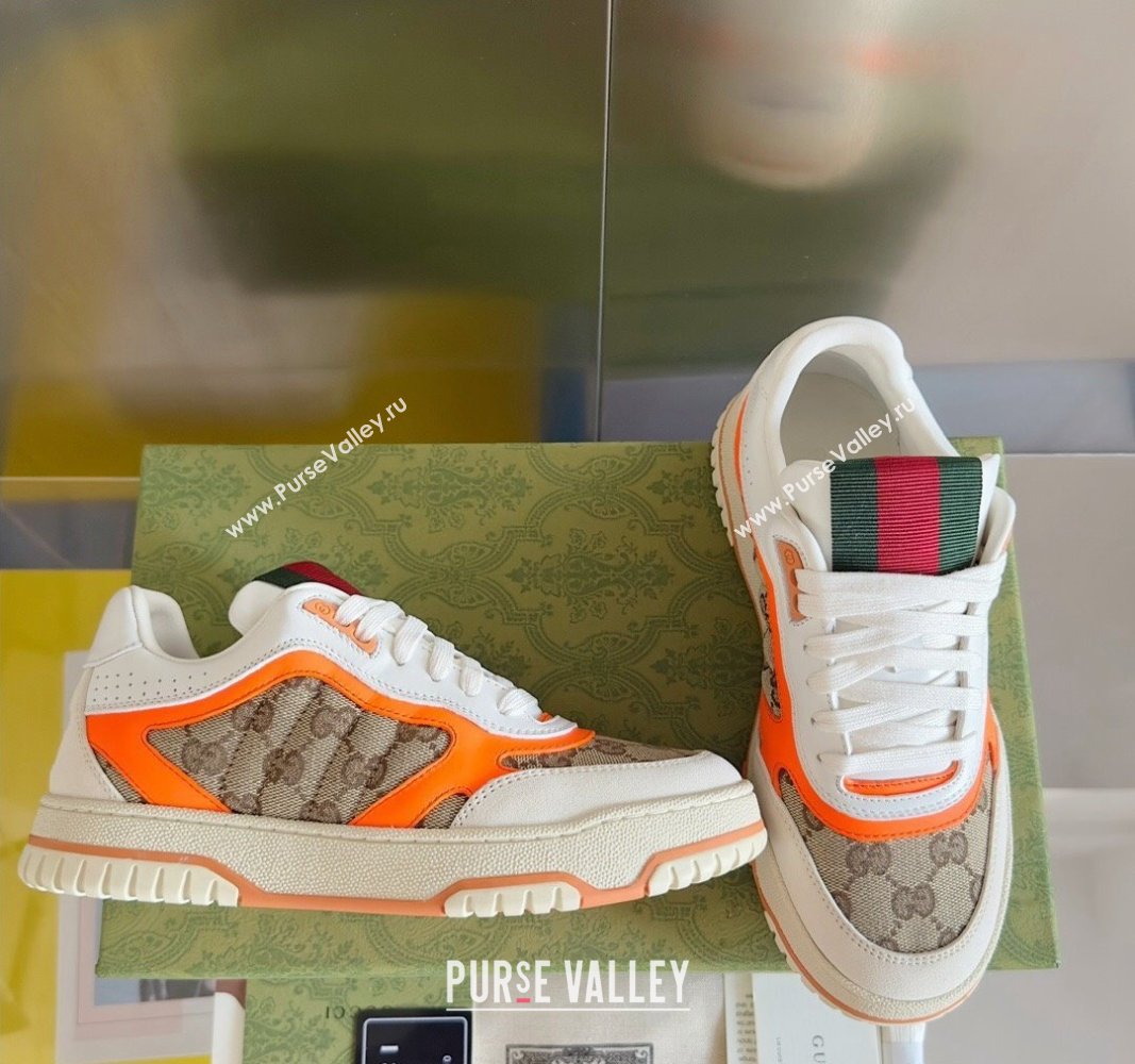 Gucci Re-Web Sneakers in Leather and GG Canvas White/Fluorescent Orange 2024 0605 (SS-240605150)