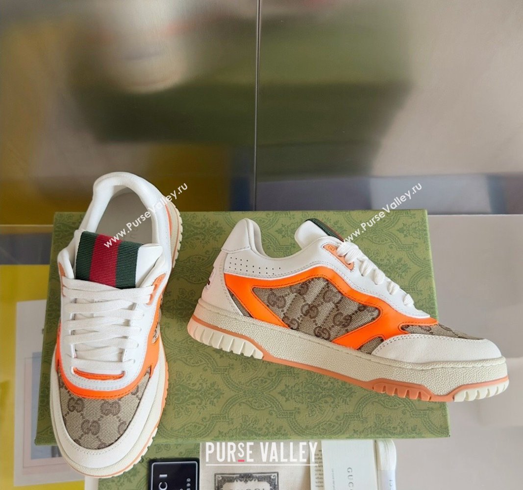 Gucci Re-Web Sneakers in Leather and GG Canvas White/Fluorescent Orange 2024 0605 (SS-240605150)