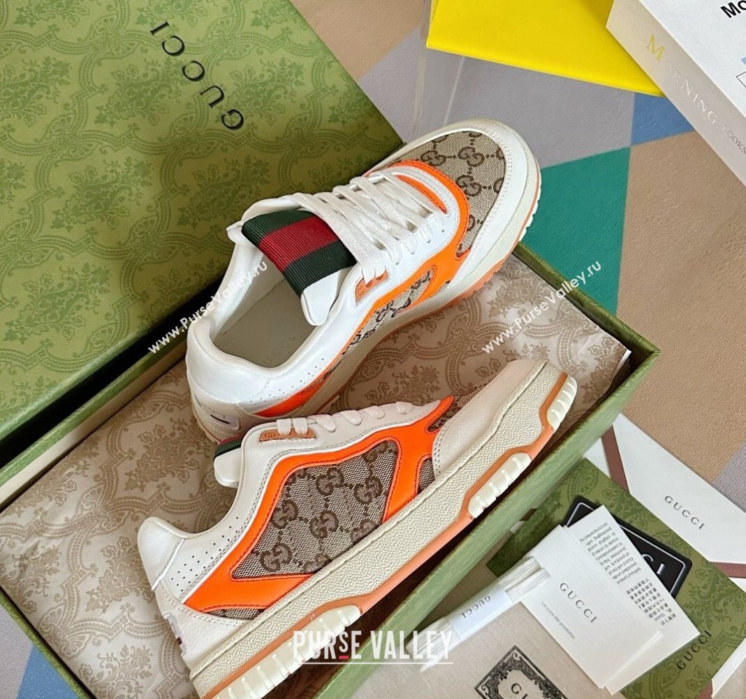 Gucci Re-Web Sneakers in Leather and GG Canvas White/Fluorescent Orange 2024 0605 (SS-240605150)