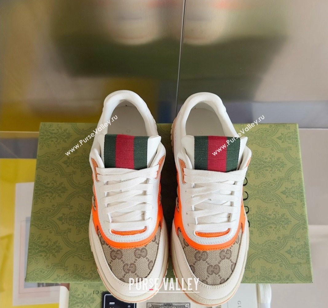 Gucci Re-Web Sneakers in Leather and GG Canvas White/Fluorescent Orange 2024 0605 (SS-240605150)