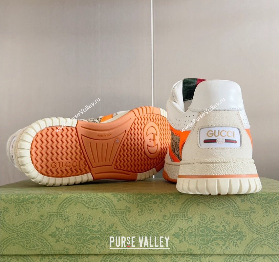 Gucci Re-Web Sneakers in Leather and GG Canvas White/Fluorescent Orange 2024 0605 (SS-240605150)