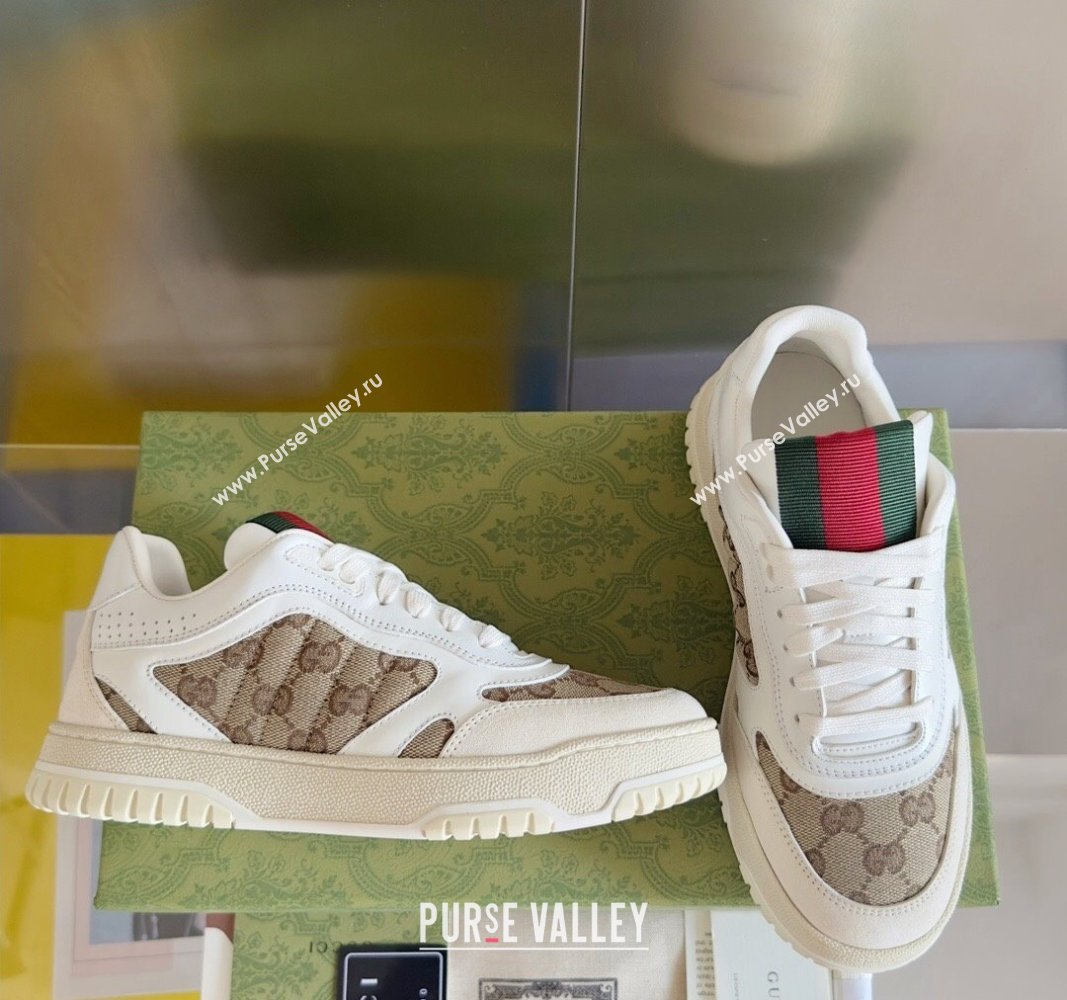 Gucci Re-Web Sneakers in Leather and GG Canvas White/Beige 2024 0605 (SS-240605151)