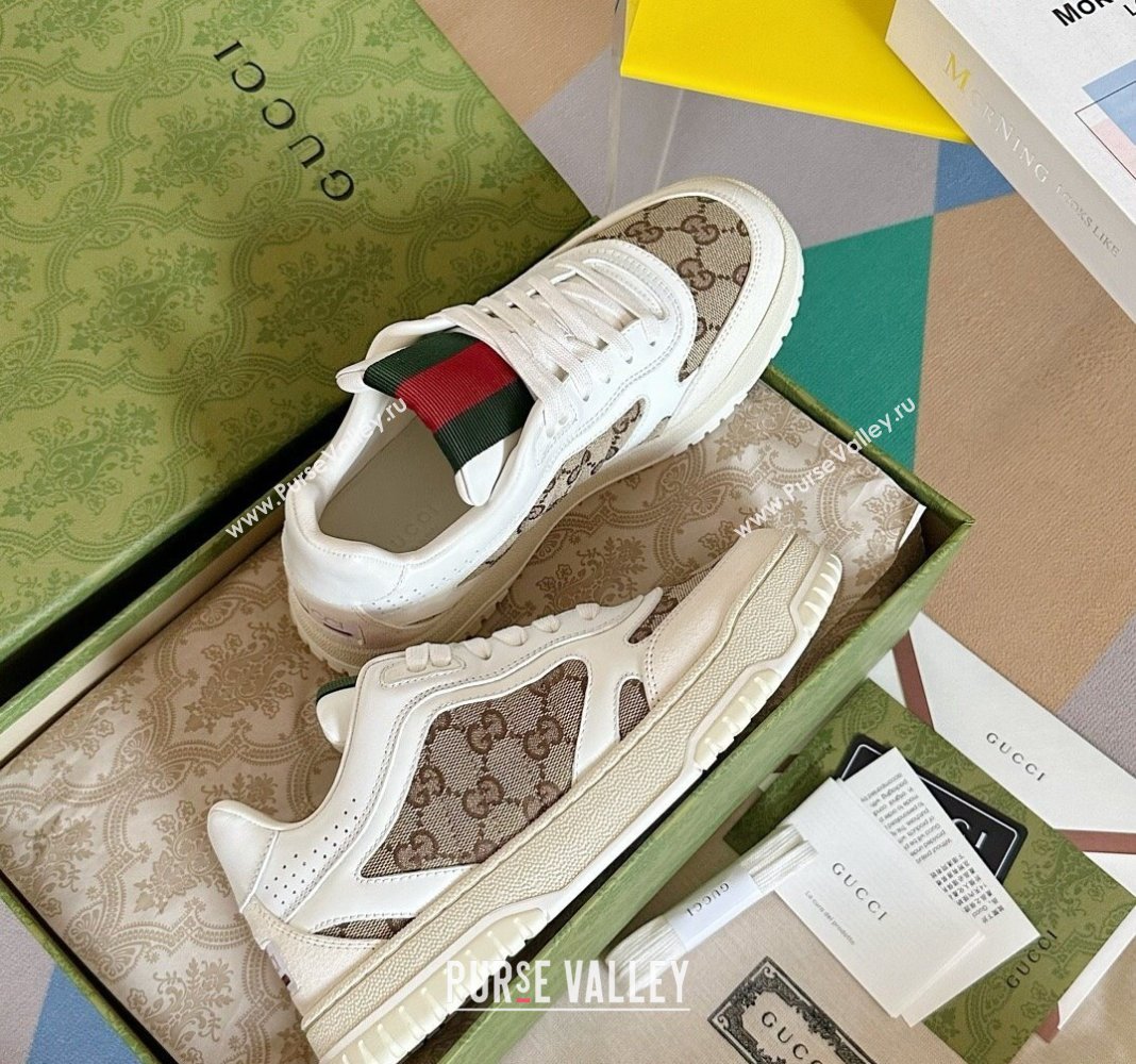 Gucci Re-Web Sneakers in Leather and GG Canvas White/Beige 2024 0605 (SS-240605151)