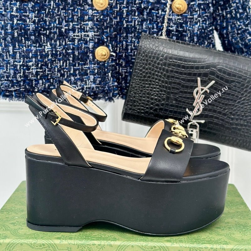 Gucci Horsebit Leather Platform Sandals 7.5cm Black 2024 0605 (MD-240605114)