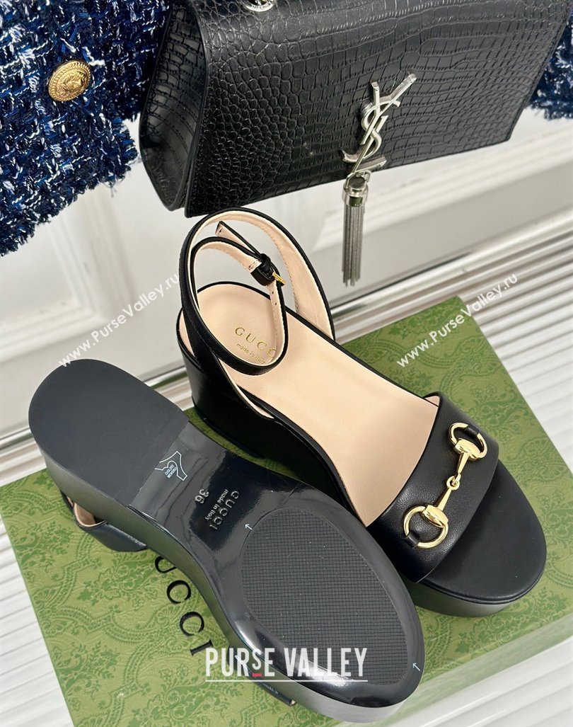 Gucci Horsebit Leather Platform Sandals 7.5cm Black 2024 0605 (MD-240605114)