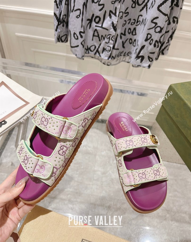 Gucci Strass GG Canvas Flat Slides Sandal with Strap Purple 2024 0605 (MD-240605025)