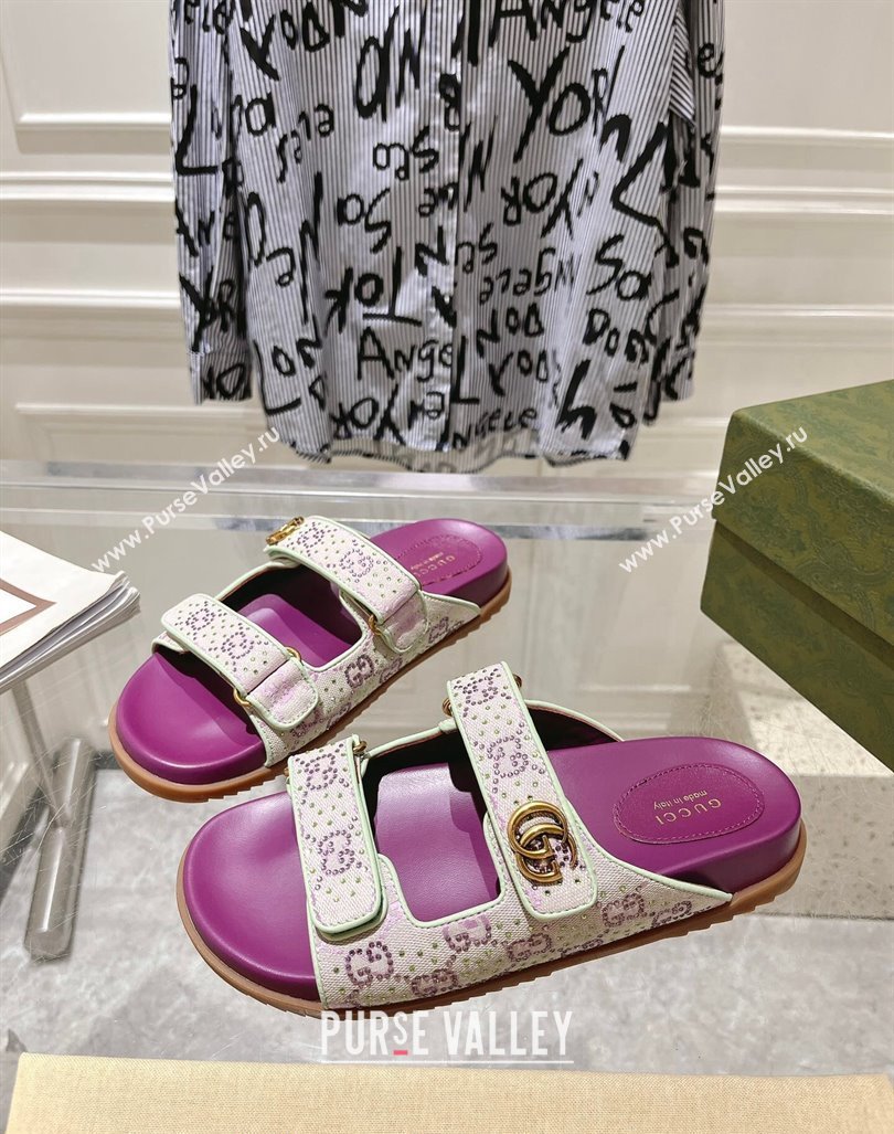 Gucci Strass GG Canvas Flat Slides Sandal with Strap Purple 2024 0605 (MD-240605025)