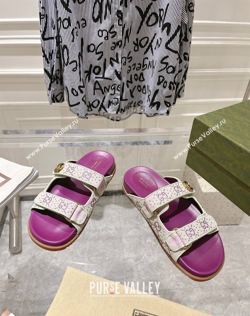 Gucci Strass GG Canvas Flat Slides Sandal with Strap Purple 2024 0605 (MD-240605025)