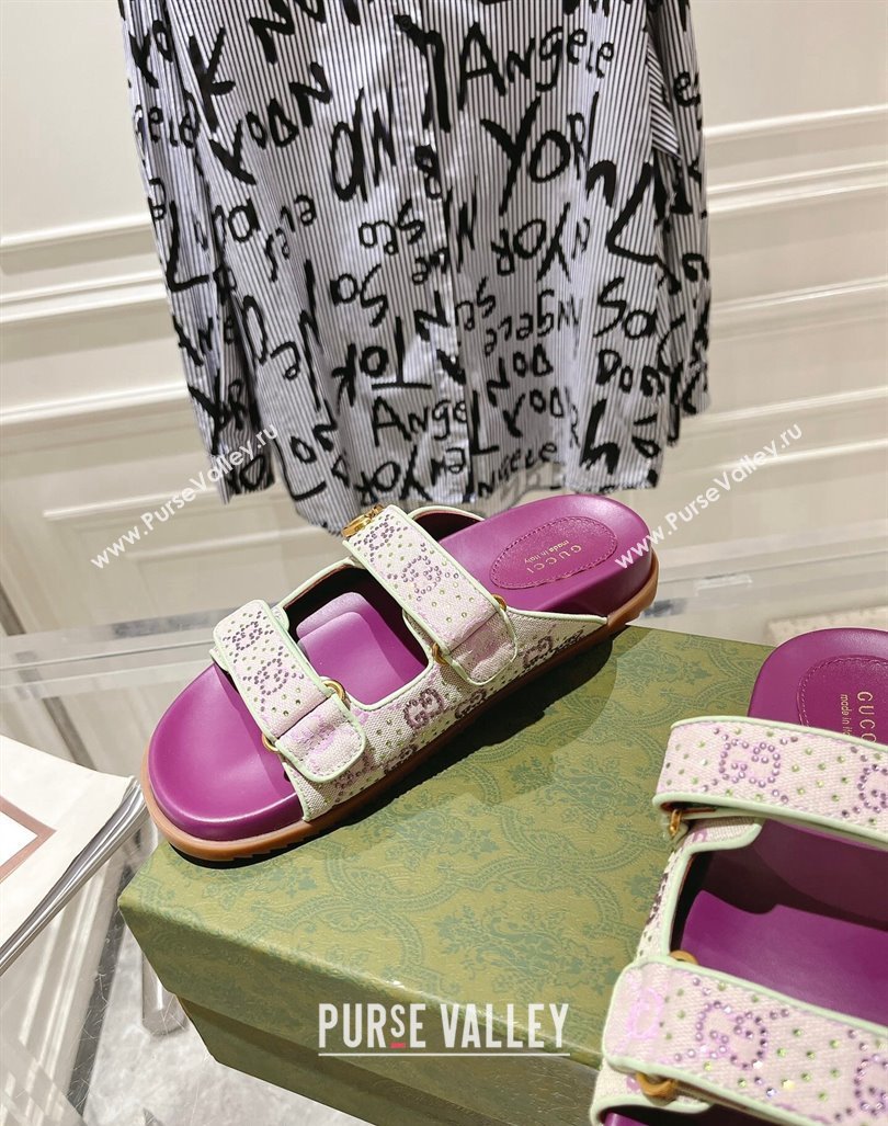 Gucci Strass GG Canvas Flat Slides Sandal with Strap Purple 2024 0605 (MD-240605025)