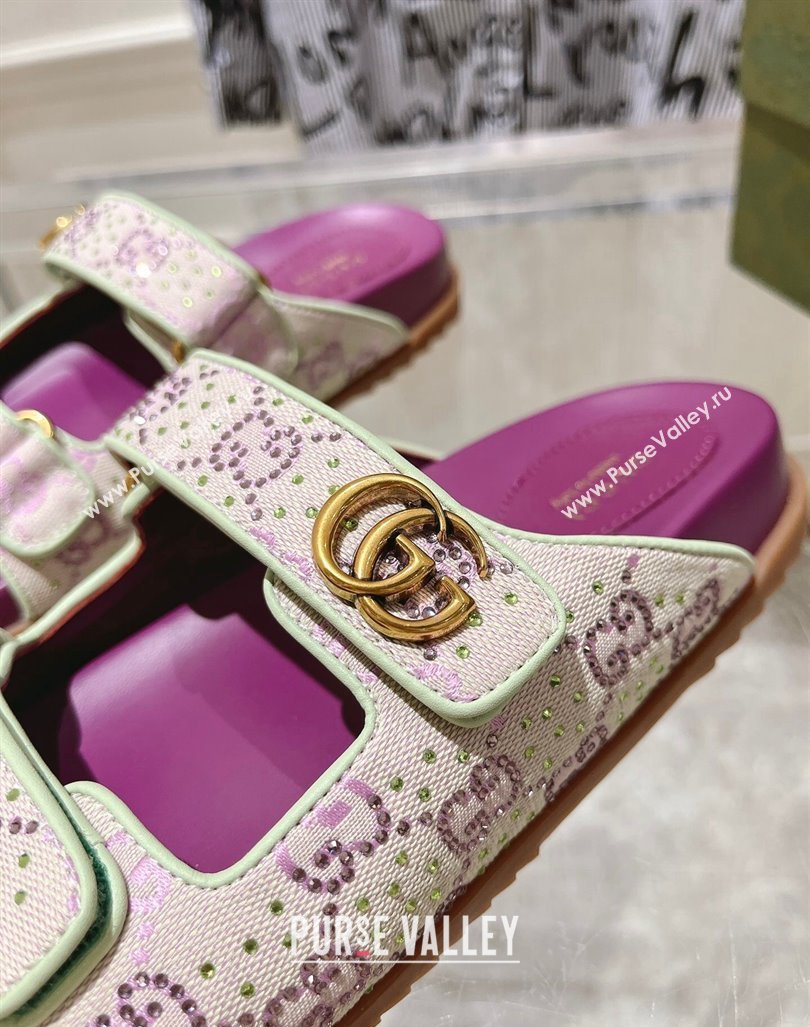 Gucci Strass GG Canvas Flat Slides Sandal with Strap Purple 2024 0605 (MD-240605025)