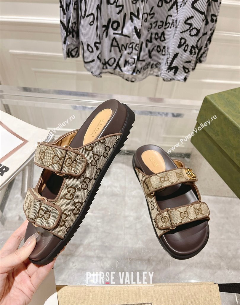 Gucci GG Canvas Flat Slides Sandal with Strap Beige/Brown 2024 0605 (MD-240605026)