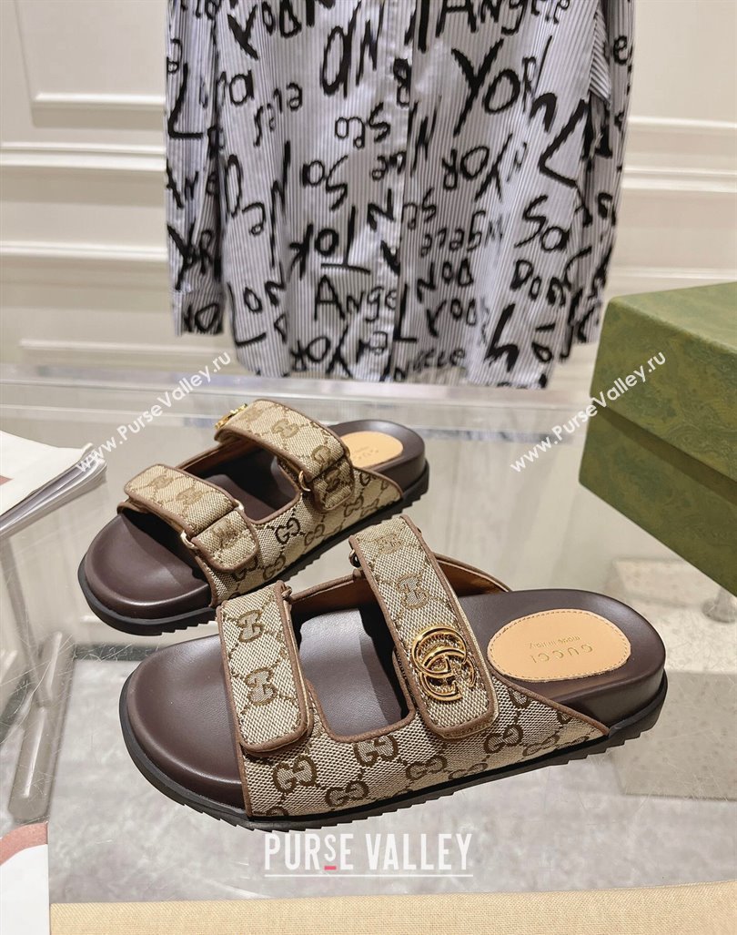 Gucci GG Canvas Flat Slides Sandal with Strap Beige/Brown 2024 0605 (MD-240605026)