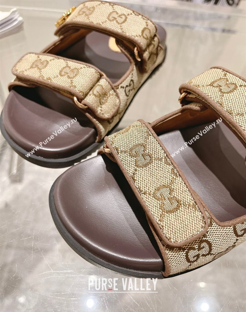 Gucci GG Canvas Flat Slides Sandal with Strap Beige/Brown 2024 0605 (MD-240605026)