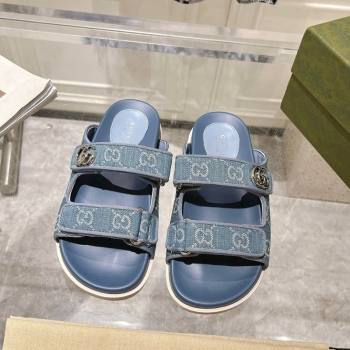 Gucci GG Denim Flat Slides Sandal with Strap Light Blue 2024 0605 (MD-240605027)