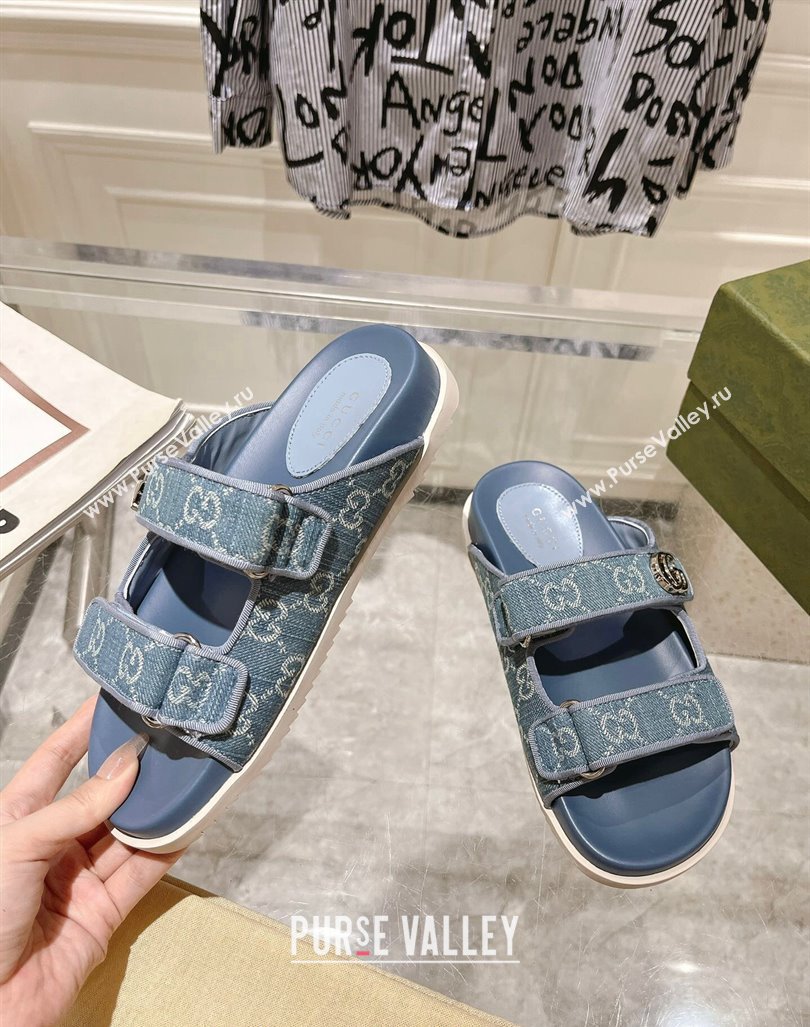 Gucci GG Denim Flat Slides Sandal with Strap Light Blue 2024 0605 (MD-240605027)