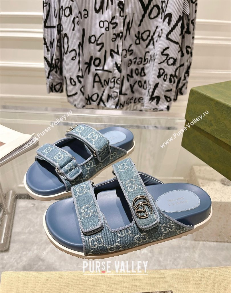 Gucci GG Denim Flat Slides Sandal with Strap Light Blue 2024 0605 (MD-240605027)