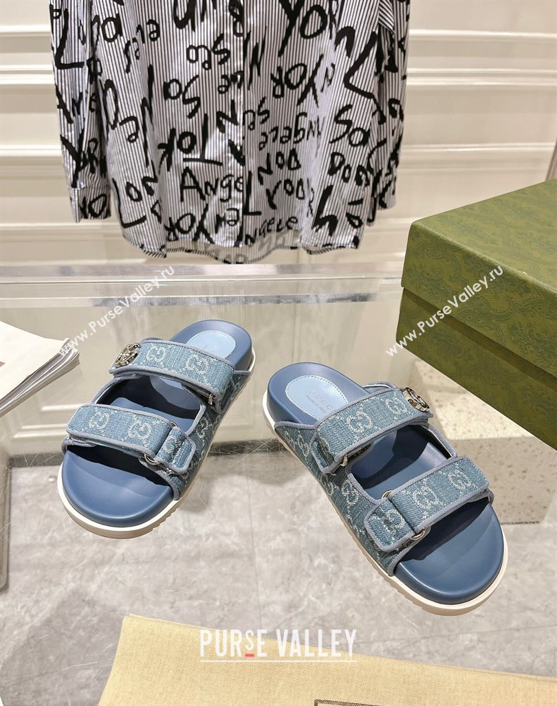 Gucci GG Denim Flat Slides Sandal with Strap Light Blue 2024 0605 (MD-240605027)