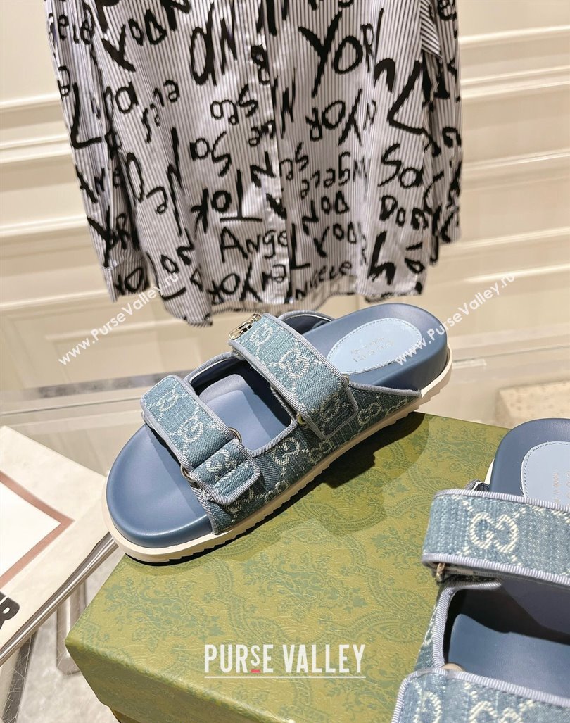 Gucci GG Denim Flat Slides Sandal with Strap Light Blue 2024 0605 (MD-240605027)