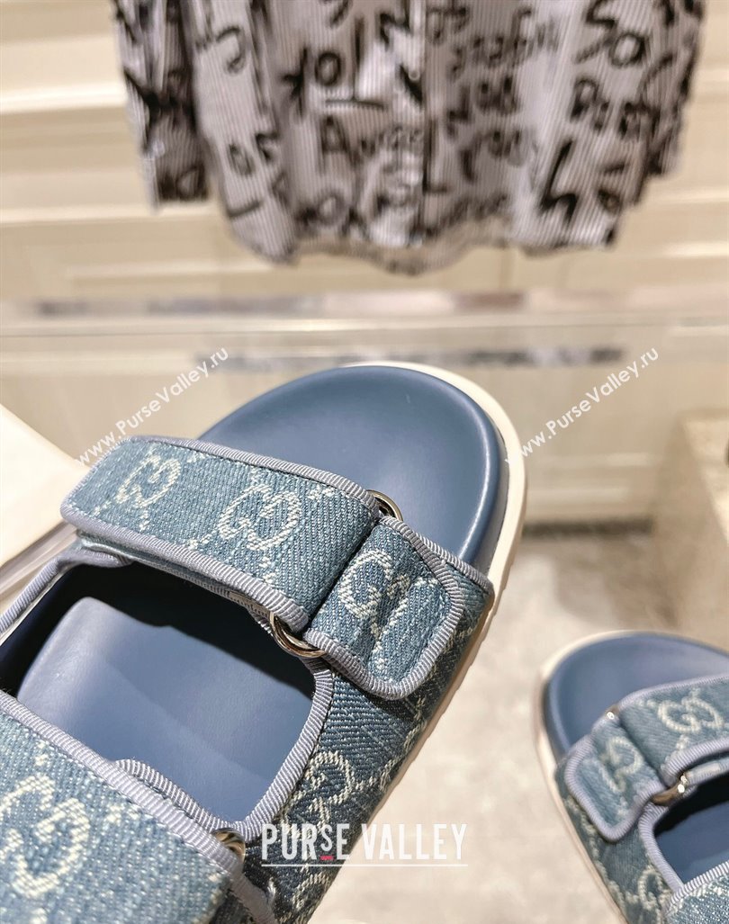 Gucci GG Denim Flat Slides Sandal with Strap Light Blue 2024 0605 (MD-240605027)