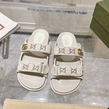 Gucci Strass GG Canvas Flat Slides Sandal with Strap White 2024 0605 (MD-240605028)