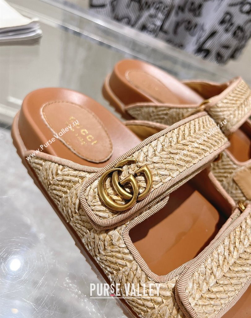 Gucci Straw Effect Flat Slides Sandal with Strap and GG Beige 2024 0605 (MD-240605029)