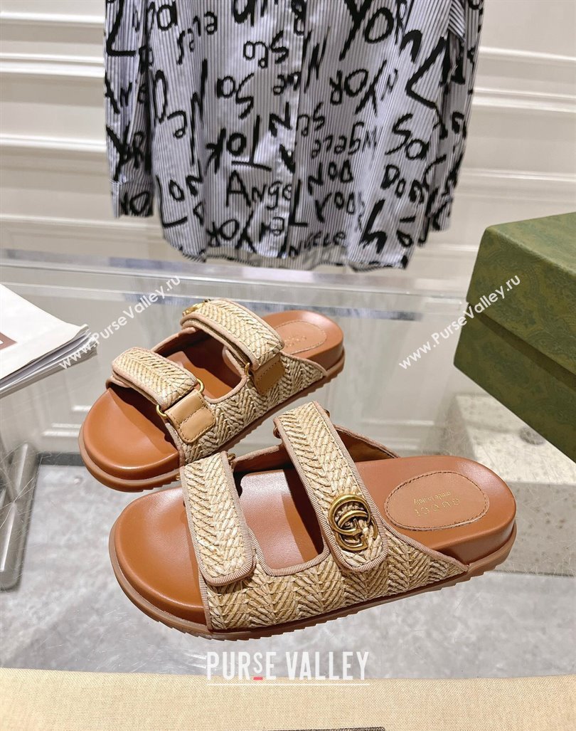 Gucci Straw Effect Flat Slides Sandal with Strap and GG Beige 2024 0605 (MD-240605029)