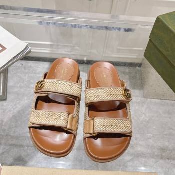Gucci Straw Effect Flat Slides Sandal with Strap and GG Beige 2024 0605 (MD-240605029)