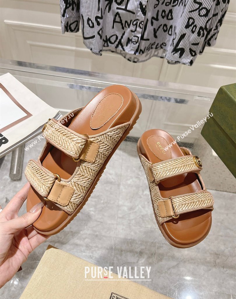 Gucci Straw Effect Flat Slides Sandal with Strap and GG Beige 2024 0605 (MD-240605029)