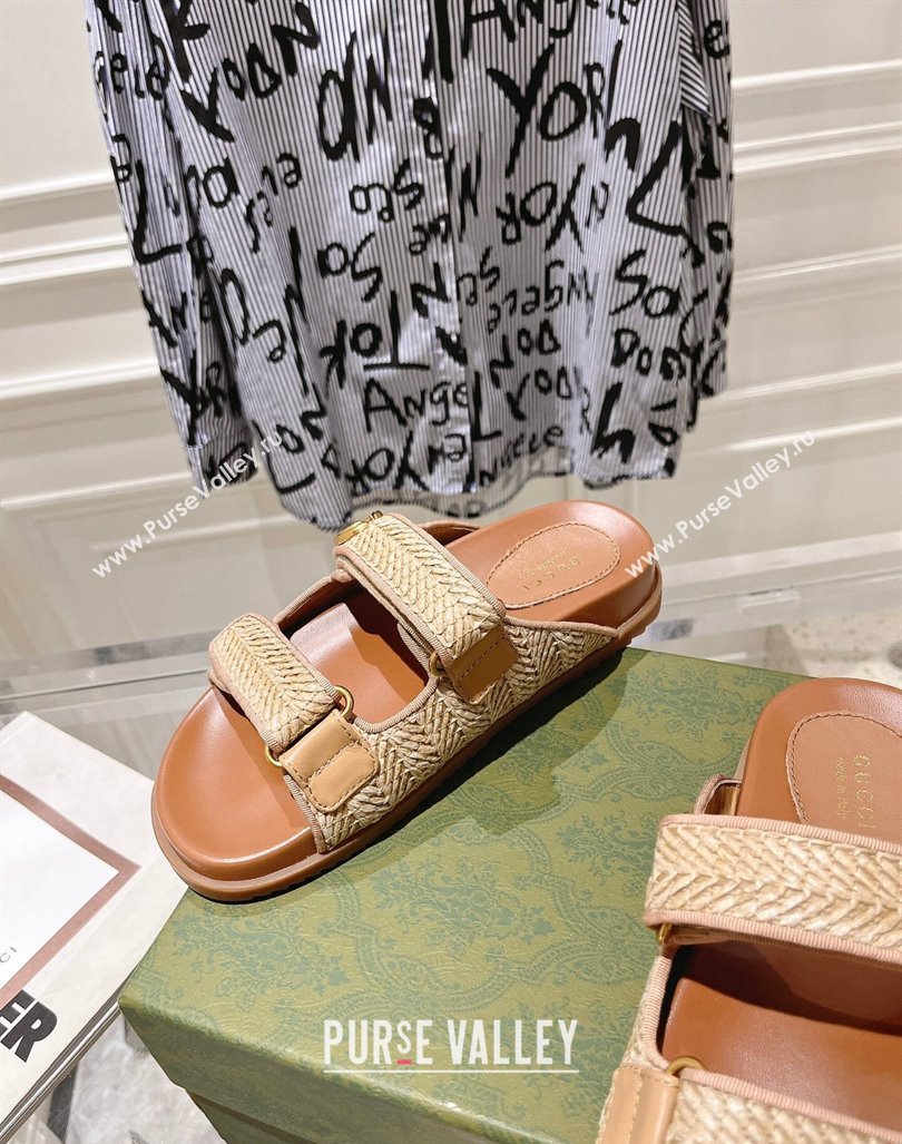 Gucci Straw Effect Flat Slides Sandal with Strap and GG Beige 2024 0605 (MD-240605029)