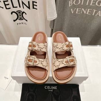 Celine Triomphe Canvas Flat Slide Sandals with Strap Beige 2024 0605 (MD-240605030)