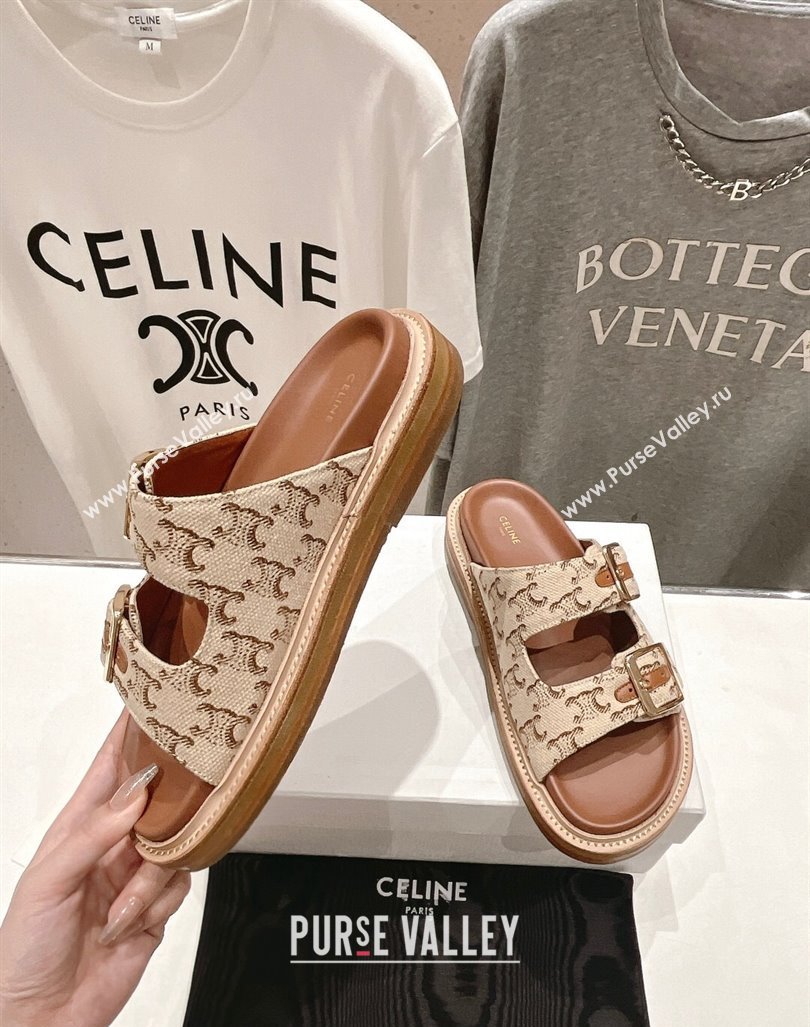 Celine Triomphe Canvas Flat Slide Sandals with Strap Beige 2024 0605 (MD-240605030)