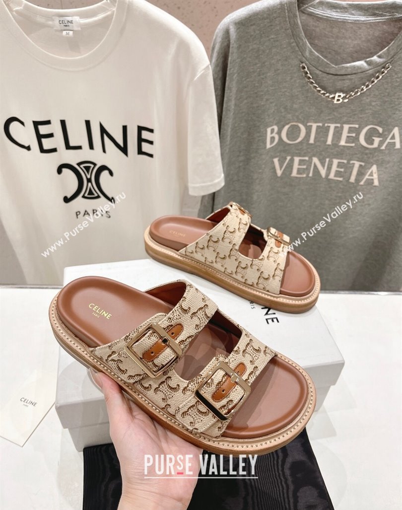 Celine Triomphe Canvas Flat Slide Sandals with Strap Beige 2024 0605 (MD-240605030)