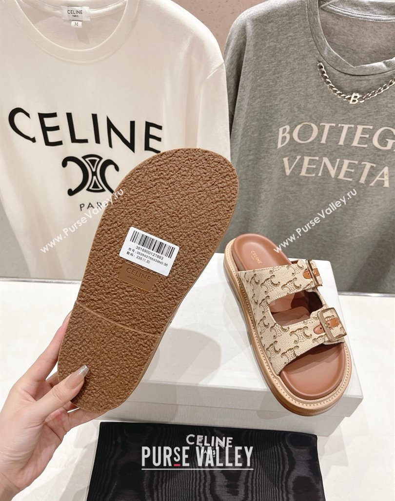 Celine Triomphe Canvas Flat Slide Sandals with Strap Beige 2024 0605 (MD-240605030)