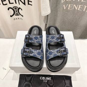 Celine Triomphe Canvas Flat Slide Sandals with Strap Blue 2024 0605 (MD-240605031)