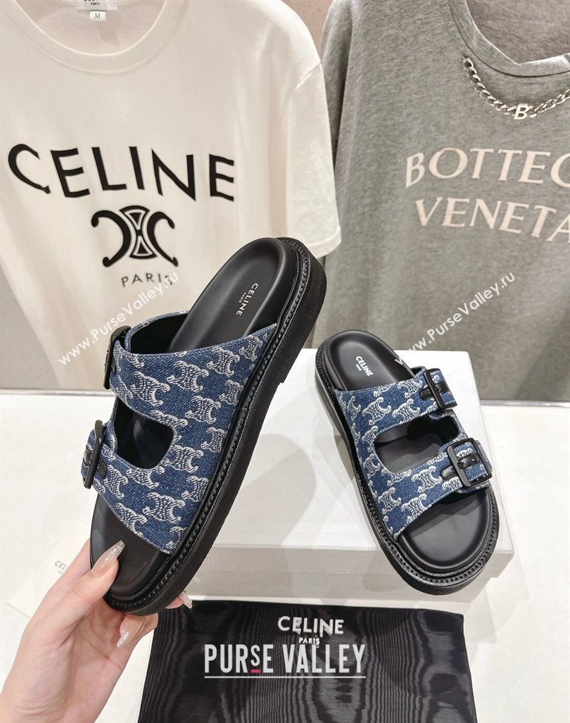 Celine Triomphe Canvas Flat Slide Sandals with Strap Blue 2024 0605 (MD-240605031)