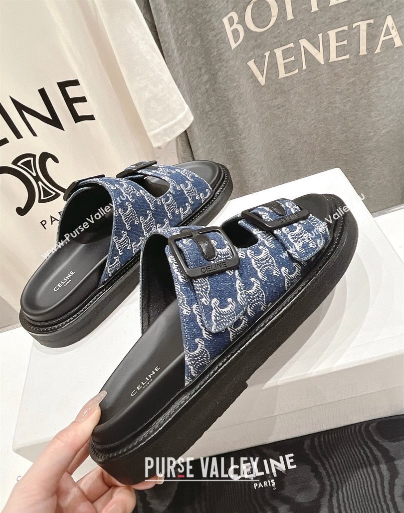 Celine Triomphe Canvas Flat Slide Sandals with Strap Blue 2024 0605 (MD-240605031)