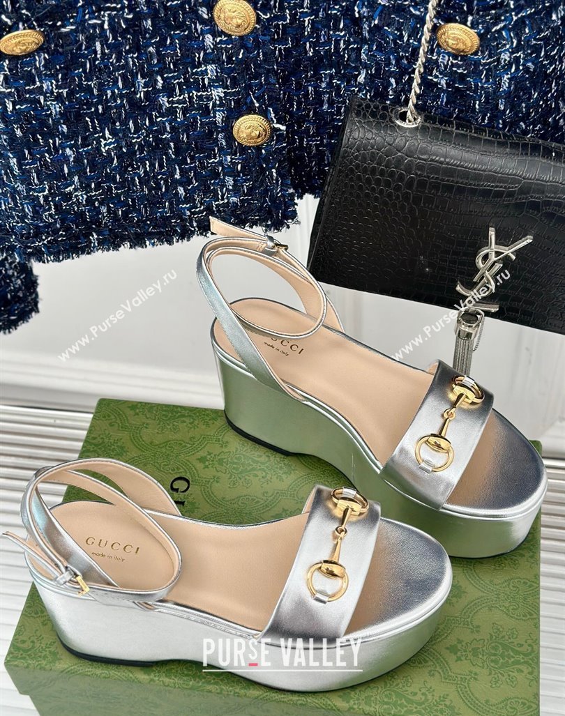 Gucci Horsebit Leather Platform Sandals 7.5cm Silver 2024 0605 (MD-240605116)