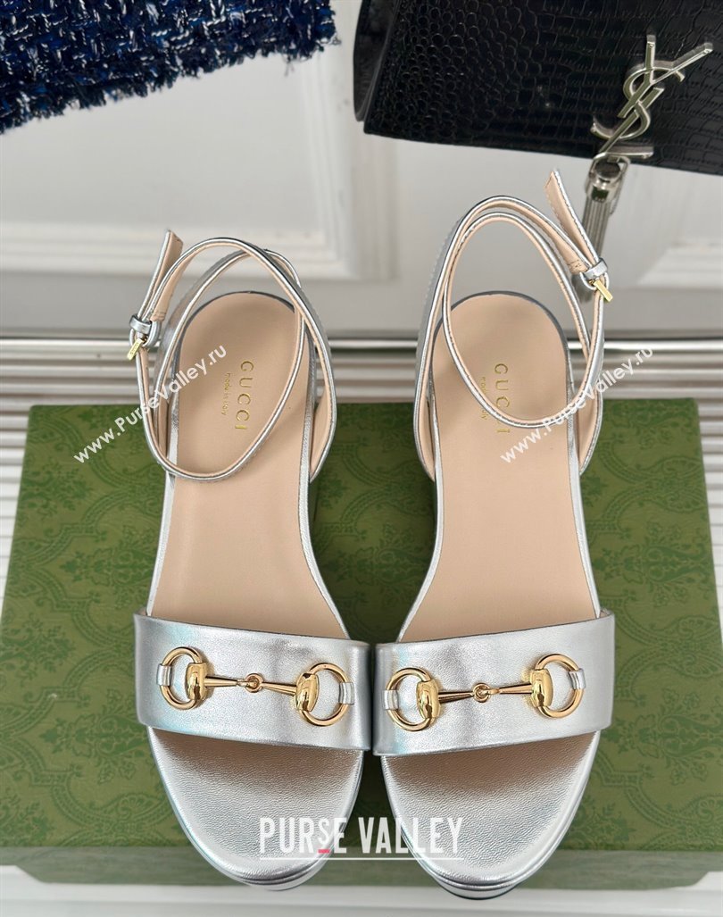 Gucci Horsebit Leather Platform Sandals 7.5cm Silver 2024 0605 (MD-240605116)