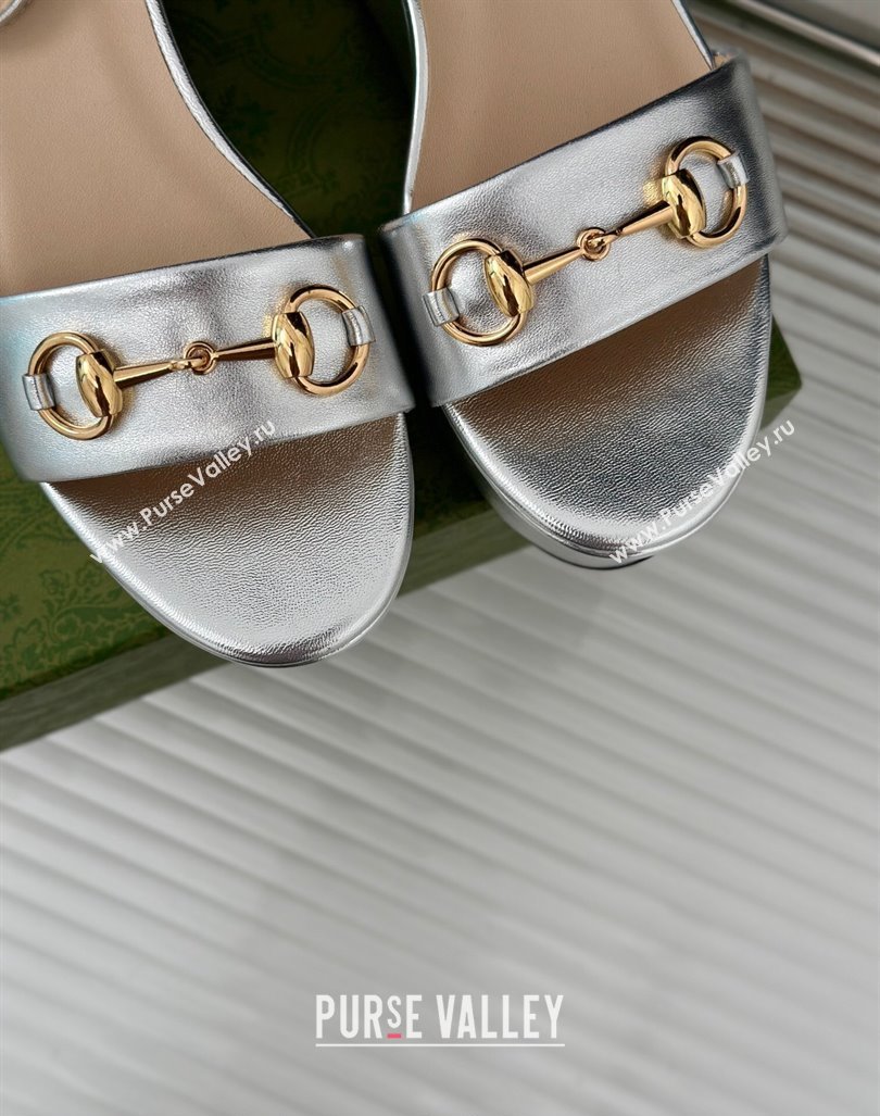 Gucci Horsebit Leather Platform Sandals 7.5cm Silver 2024 0605 (MD-240605116)